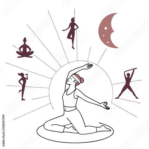 Collection of Young Women Doing Yoga Exercises, Yoga Poses Vector Illustration