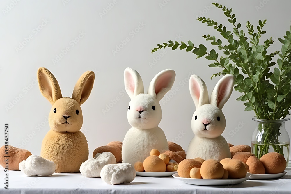 Fototapeta premium Festive bunny decor with eggs indoor setting decorative display natural elements close-up view easter concept