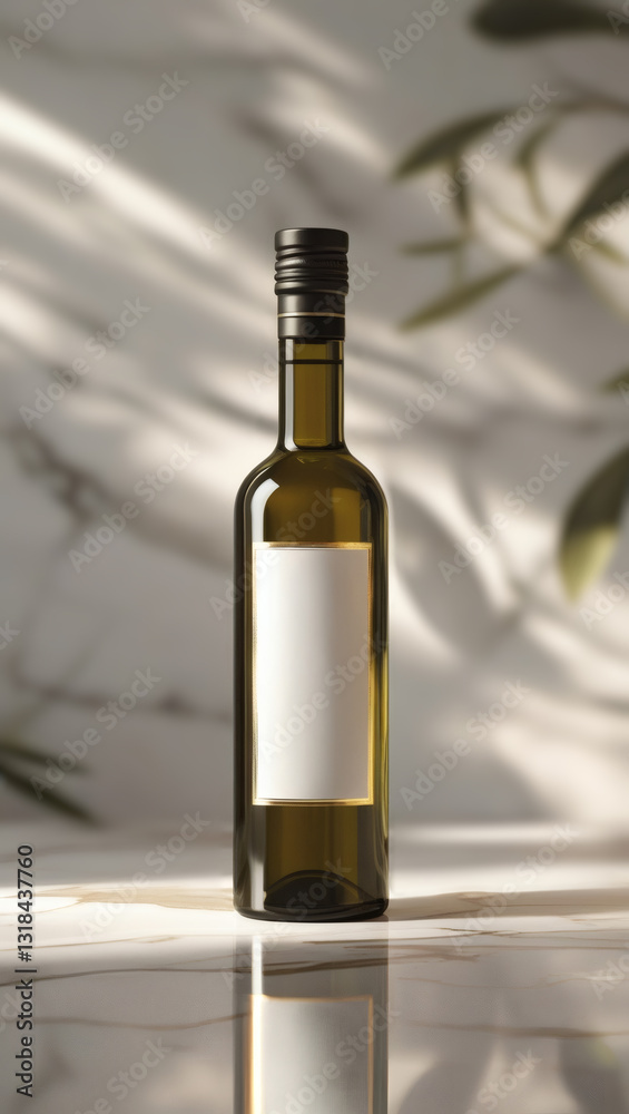 Obraz premium Elegant olive oil bottle with a blank label sits on a marble surface, bathed in soft light filtering through leaves, creating a natural ambiance.
