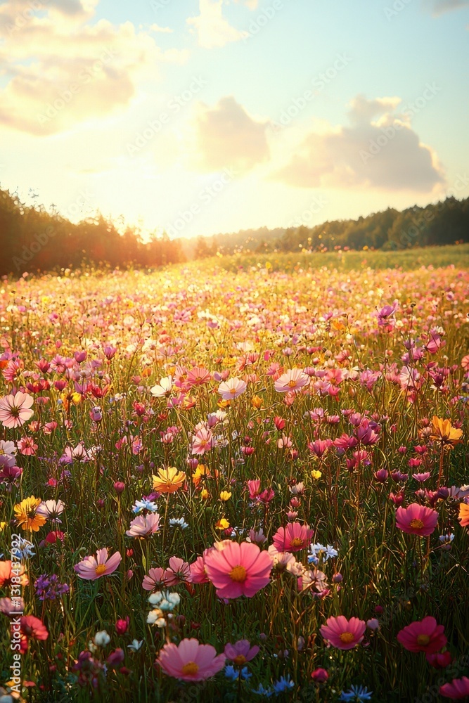 Fototapeta premium Vibrant wildflower field during golden hour with sun setting behind trees in a tranquil countryside