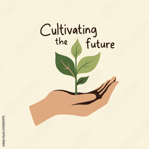 Cultivating the Future: Hand nurturing plant, minimalist vector for growth, sustainability, and Labour Day campaigns.