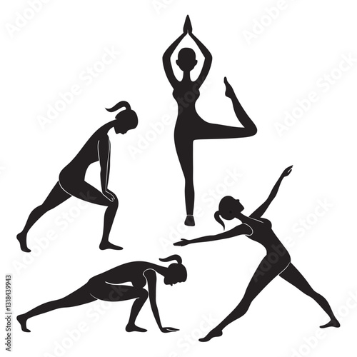 Collection of Young Women Doing Yoga Exercises, Yoga Poses Vector Illustration