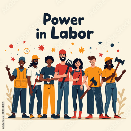 Diverse Group United in Labor: People with tools, vibrant vector celebrating workforce diversity and unity for Labour Day.
