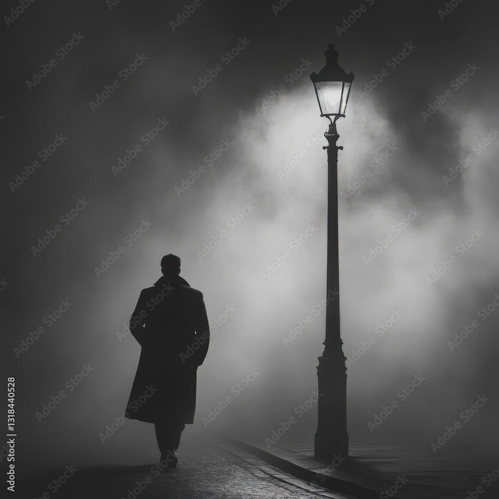 Obraz premium Silhouette of a man walking on a foggy street at night, lit by a lamp post