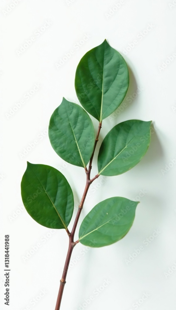 Single eucalyptus leaf displayed against a clean white surface, eucalyptus, simple shapes Single eucalyptus leaf displayed against a clean white surface, eucalyptus, simple shapes