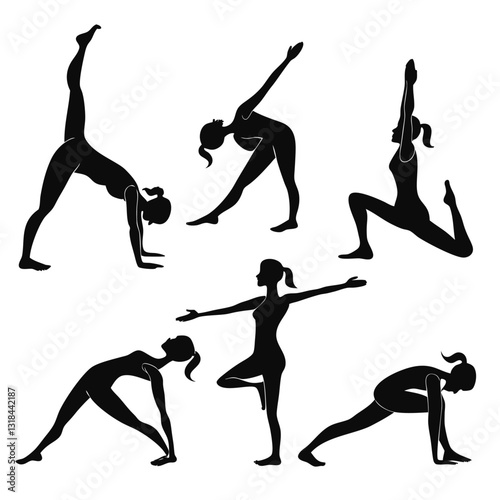 Collection of Young Women Doing Yoga Exercises, Yoga Poses Vector Illustration