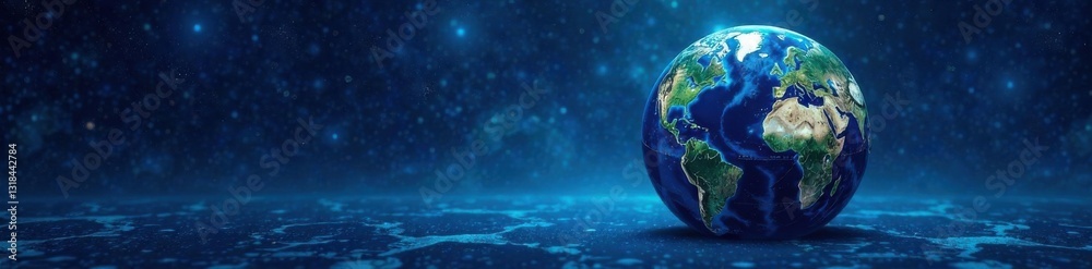 Naklejka premium A globe floating in a deep blue ocean on a dark blue marble background, space, satellite, ocean