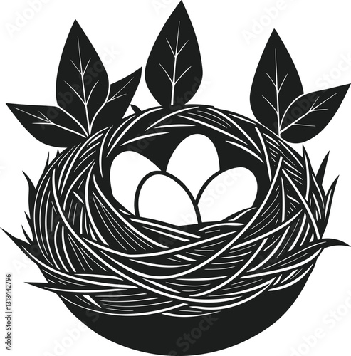 Elegant Bird Nest with Three Eggs – Spring Nature Silhouette Vector