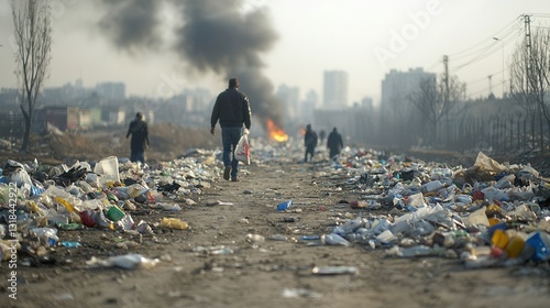 A haunting and eye opening documentary style photograph depicting the dire consequences of uncontrolled waste and environmental neglect in a densely populated urban setting