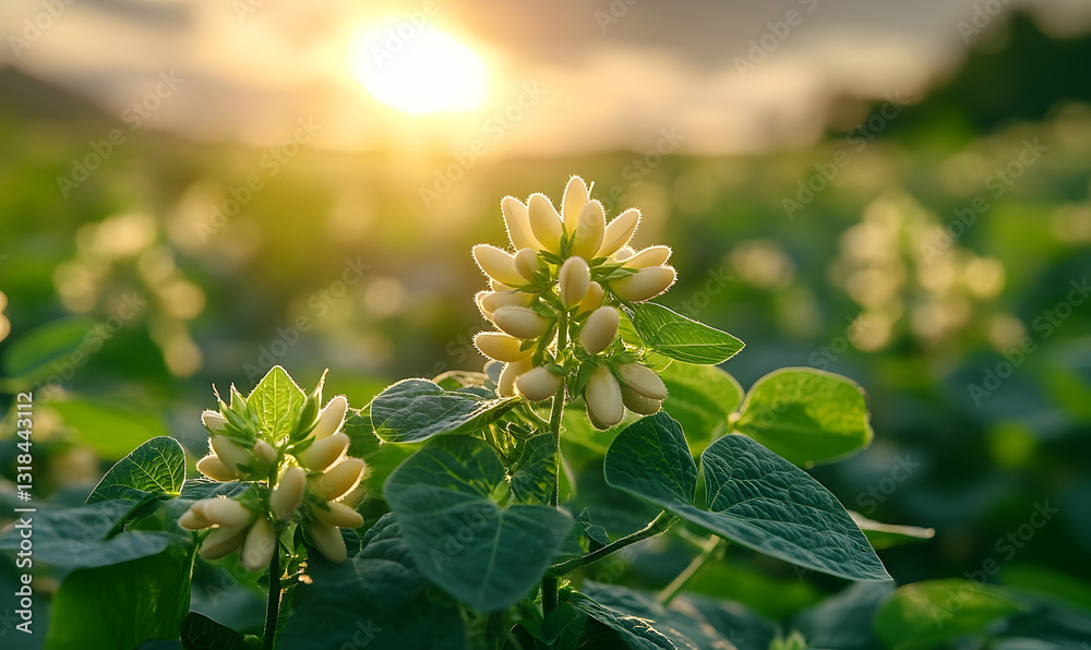 Fototapeta premium Delicate White Flowers In A Lush Green Field At Sunrise