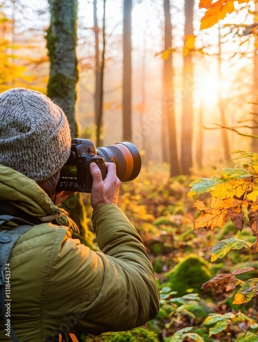 Photographer Capturing Autumn Scenery with Digital Camera in Nature photo