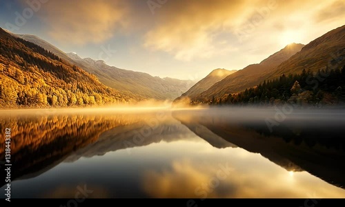 Golden Sunrise Over Misty Mountains and Calm River Landscape