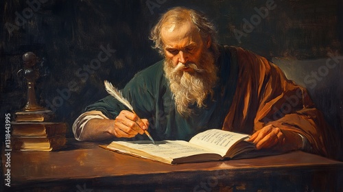 Apostle Paul writing in parchment scroll inspired by the Holy Spirit.