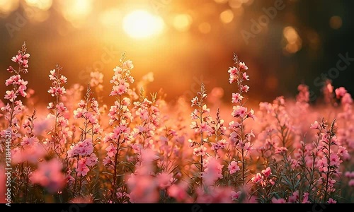 Serene Sunrise Over Blooming Pink Flowers in Golden Light