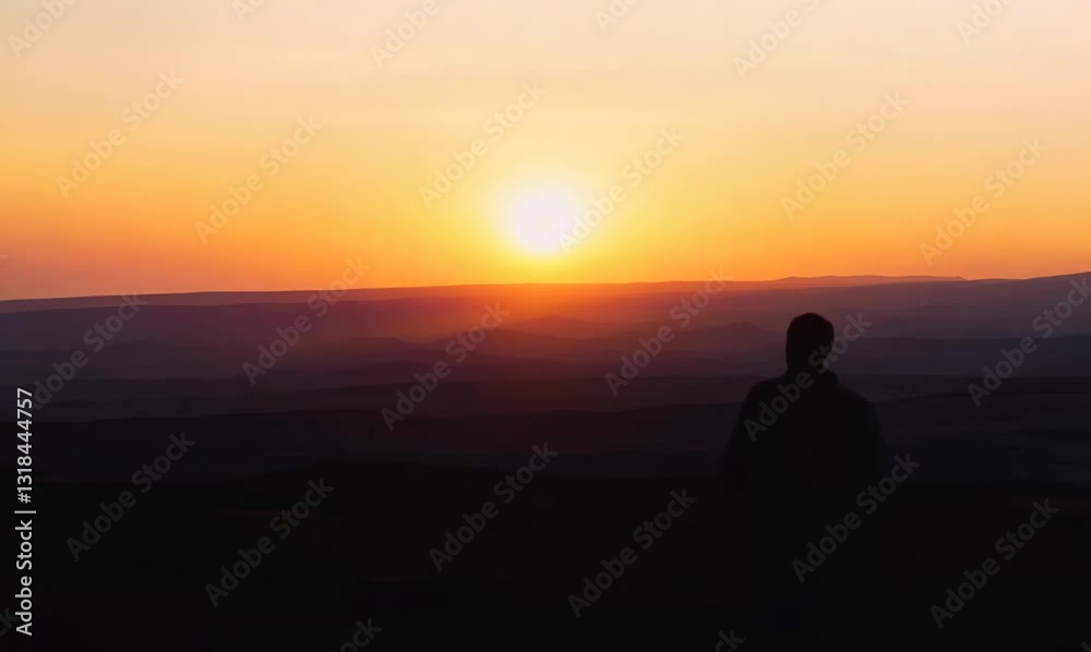 solitary man silhouette walking towards camera at sunset