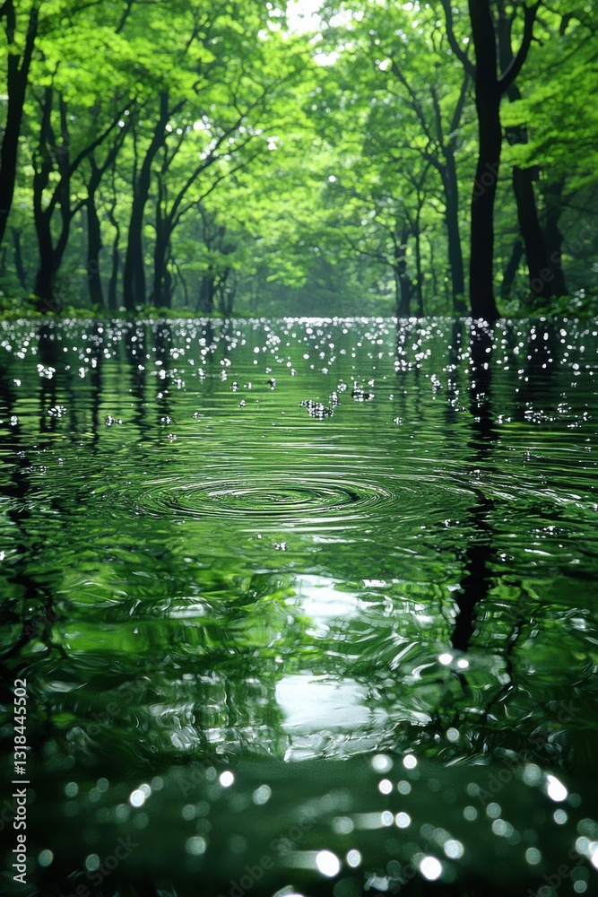 Calm waters reflecting lush green trees in a serene forest during a gentle rainfall Calm waters reflecting lush green trees in a serene forest during a gentle rainfall