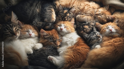 A Cozy Group of Colorful Cats Sleeping Together on a Soft Blanket