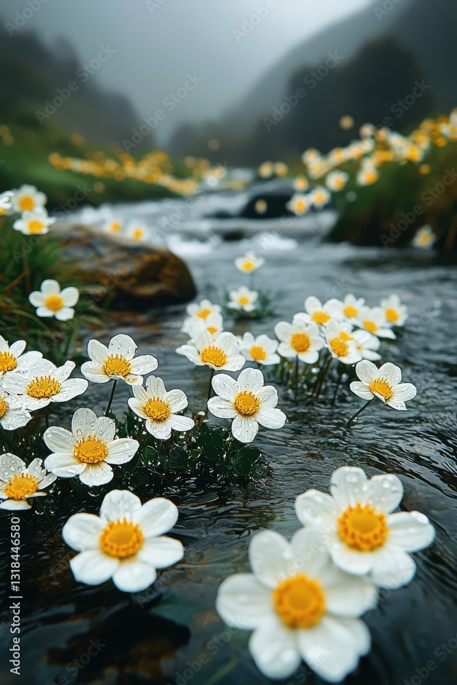 Fototapeta premium Beautiful white flowers with yellow centers blooming along a serene riverbank in a misty landscape