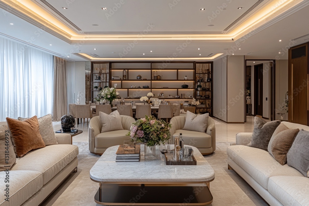 Fototapeta premium Luxurious living room with modern furniture, elegant decor, and high ceilings.