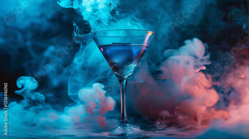 blue martini cocktail with lit smoke, glass of champagne, cocktail in a bar