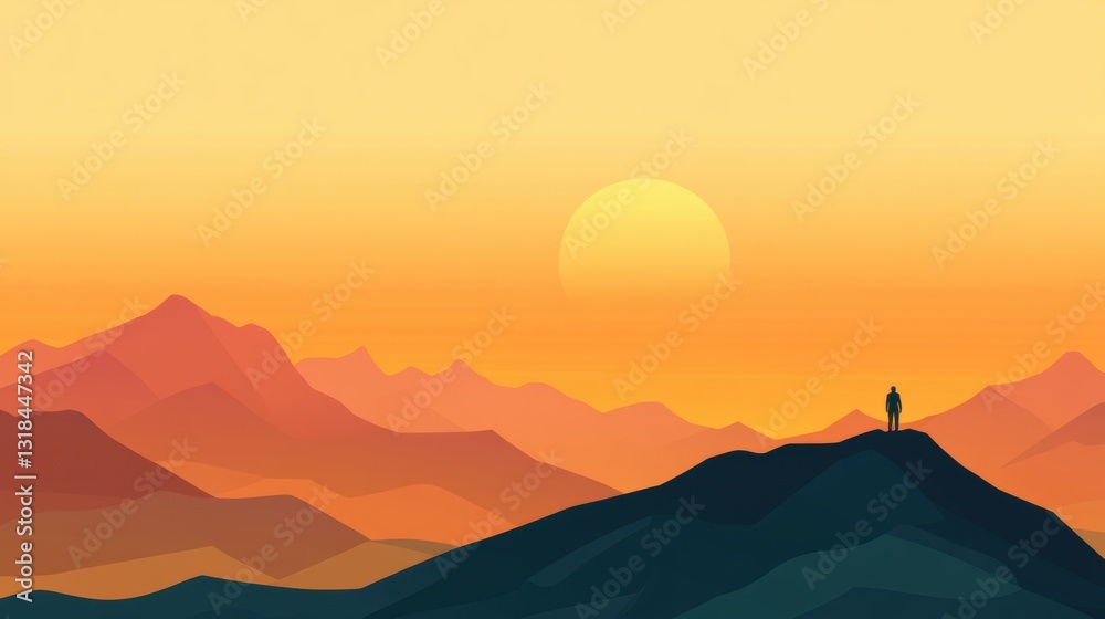 A person stands on a mountain peak, gazing at a vibrant sunset illuminating the horizon and surrounding mountains A person stands on a mountain peak, gazing at a vibrant sunset illuminating the horizon and surrounding mountains
