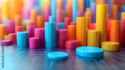 Professional infographic with financial analysis, bar graphs, and circular pie charts in bright colors, white background, 3D rendering
