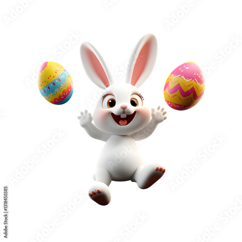 Cheerful 3d cartoon easter bunny jumping with decorated eggs isolated on a transparent background
