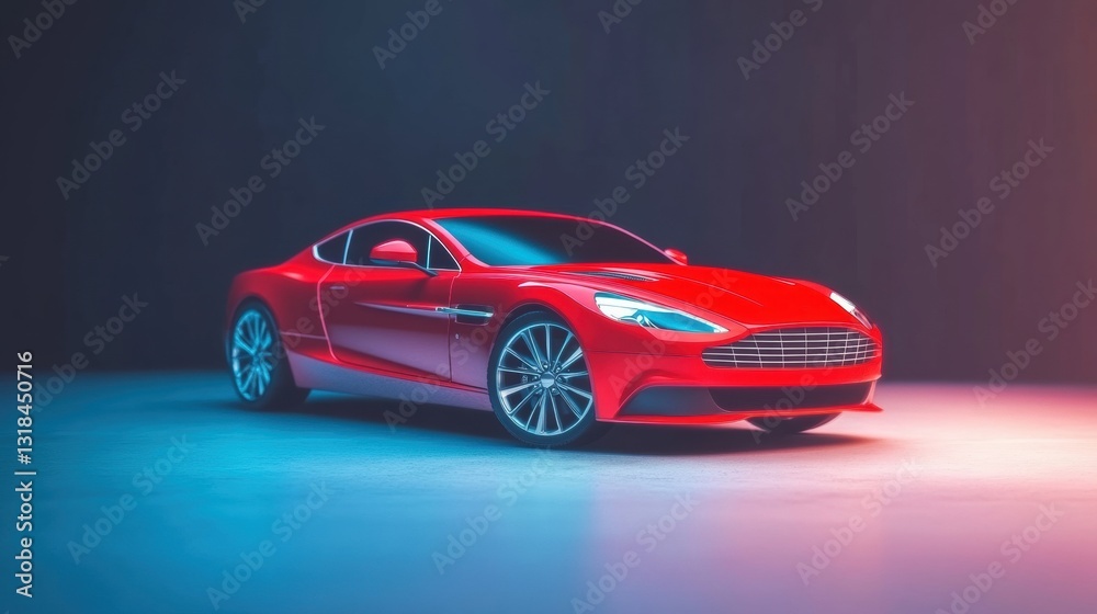 Fototapeta premium A sleek red sports car is showcased under vibrant lights in a minimalist setting during a nighttime automotive exhibition, highlighting its design