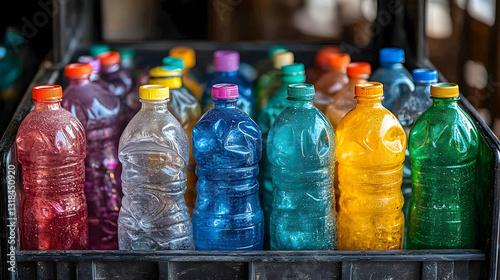 Colorful array of plastic bottles reflecting consumerism and environmental issues