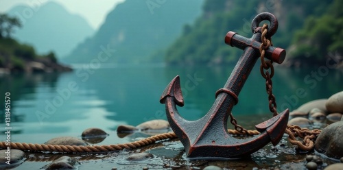 Old anchor with rope and chain , chain, rope, vintage