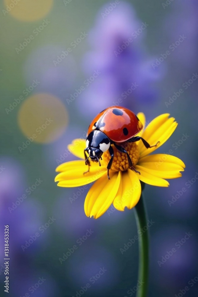 Fototapeta premium Beautiful ladybug sitting on a bright yellow flower, sunshine, yellow, garden