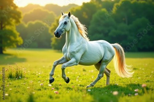 Beautiful unicorn mare prancing in a lush meadow , mythical, fantasy, horse
