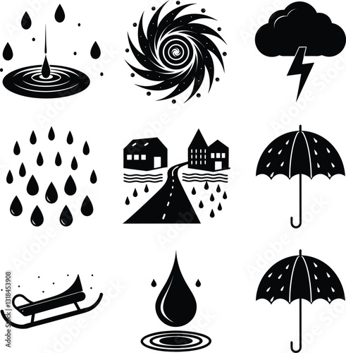 Weather Icons Rain, Storm, Flood, Umbrella, Snow, Symbols