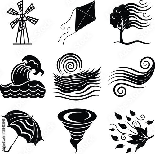 Wind, Water, Nature, Weather Icons Windmill, Kite, Wave, Tornado