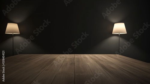 Dark empty room, wooden table, blurred walls, lamps view at night