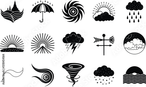 Weather Icons Sun, Rain, Wind, Storm, Cloud, Silhouette Designs