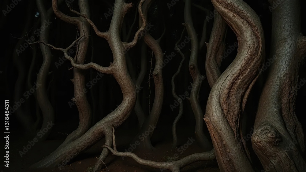 Fototapeta premium Dark forest landscape with twisted tree trunks and horn-like protrusions, eerie atmosphere, woods, wood texture, twisted