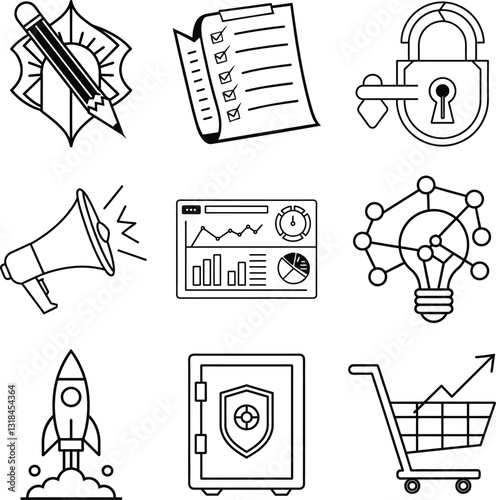 Business Strategy Planning Marketing, Security, and Growth Icons