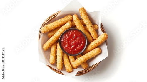 Deep fried mozzarella cheese sticks with tomato ketchup dipping sauce in a bamboo basket and oil paper, top down view white background	
