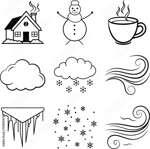 Winter Wonderland Icons Cozy House, Snowman, Hot Drink, Snow, Wind