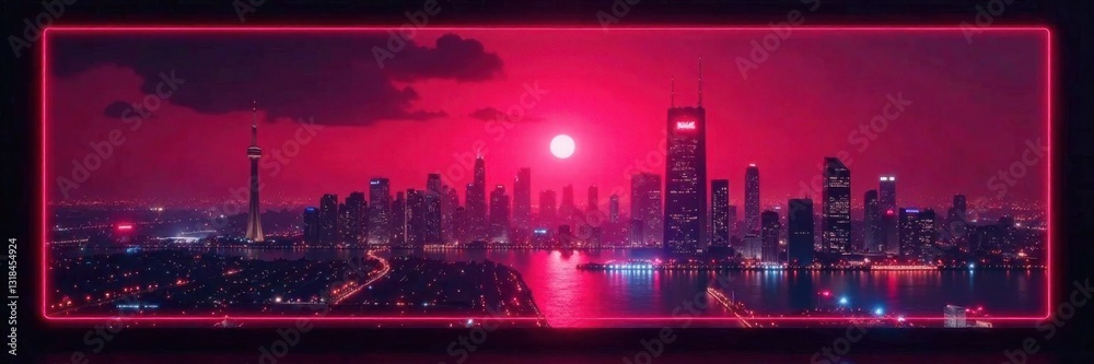 Obraz premium Black frame layout of a futuristic cityscape or skyline with a reddish hue and neon lights at night, modern architecture, city lights, cityscape