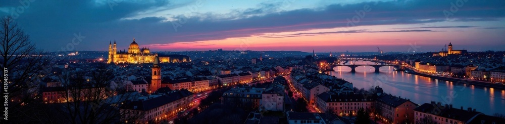 Panoramic European cityscape at dusk with illuminated landmarks and twinkling lights across the sky , urban, europe, twinkling lights Panoramic European cityscape at dusk with illuminated landmarks and twinkling lights across the sky , urban, europe, twinkling lights