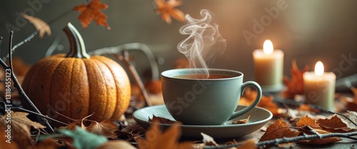 Autumn tea in pumpkin setting with selective focus.
