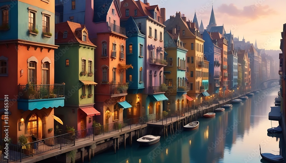 Fototapeta premium Colorful Buildings Line a Canal with Boats in the City