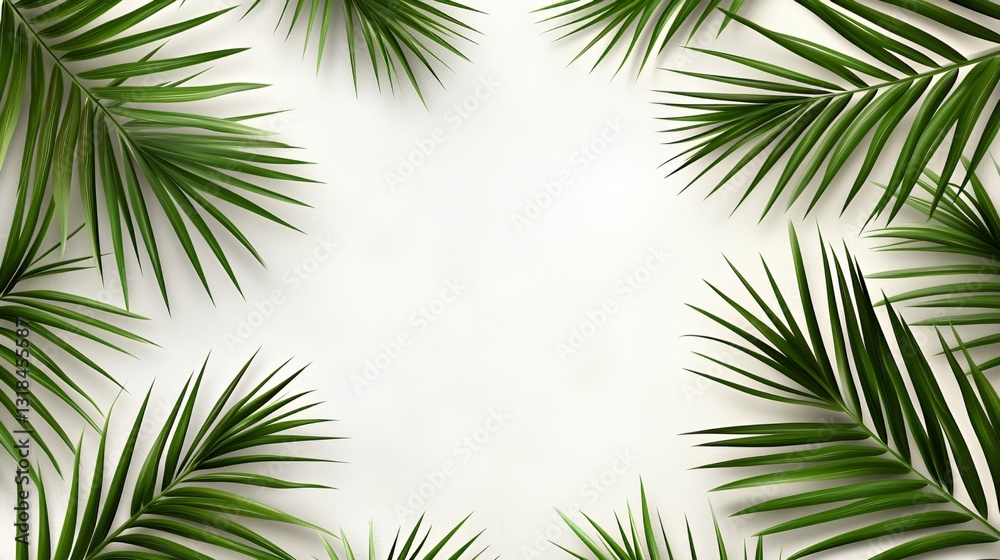 Green Palm Leaves Frame on White Background Green Palm Leaves Frame on White Background