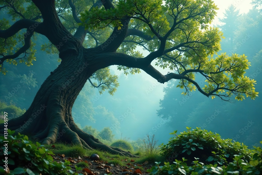 Isolated tree with twisted and gnarled branches in a misty forest landscape, forest, misty, leaves Isolated tree with twisted and gnarled branches in a misty forest landscape, forest, misty, leaves