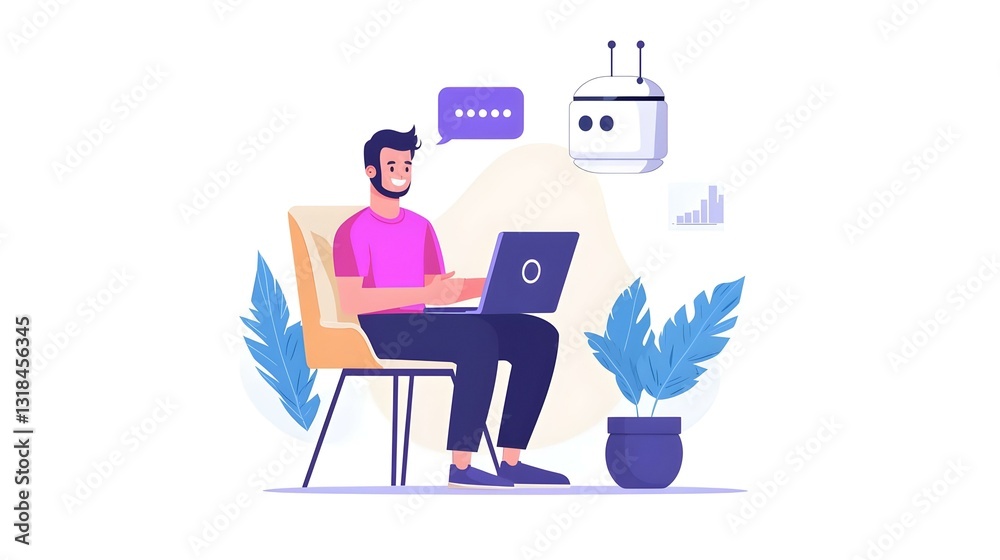 Man Chatting with Chatbot isolated on white background Man Chatting with Chatbot isolated on white background