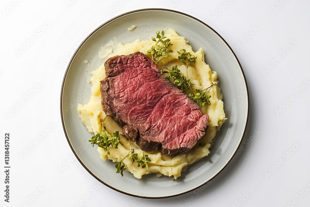 An isolated shot of a white plate with a juicy meat and potato dish