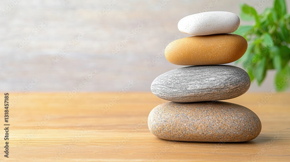 Balanced Stacked Stones on a Wooden Surface with Green Plant Background Balanced Stacked Stones on a Wooden Surface with Green Plant Background