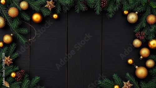 Dark wood tablecloth with golden ornaments and greenery, winter wonderland, green